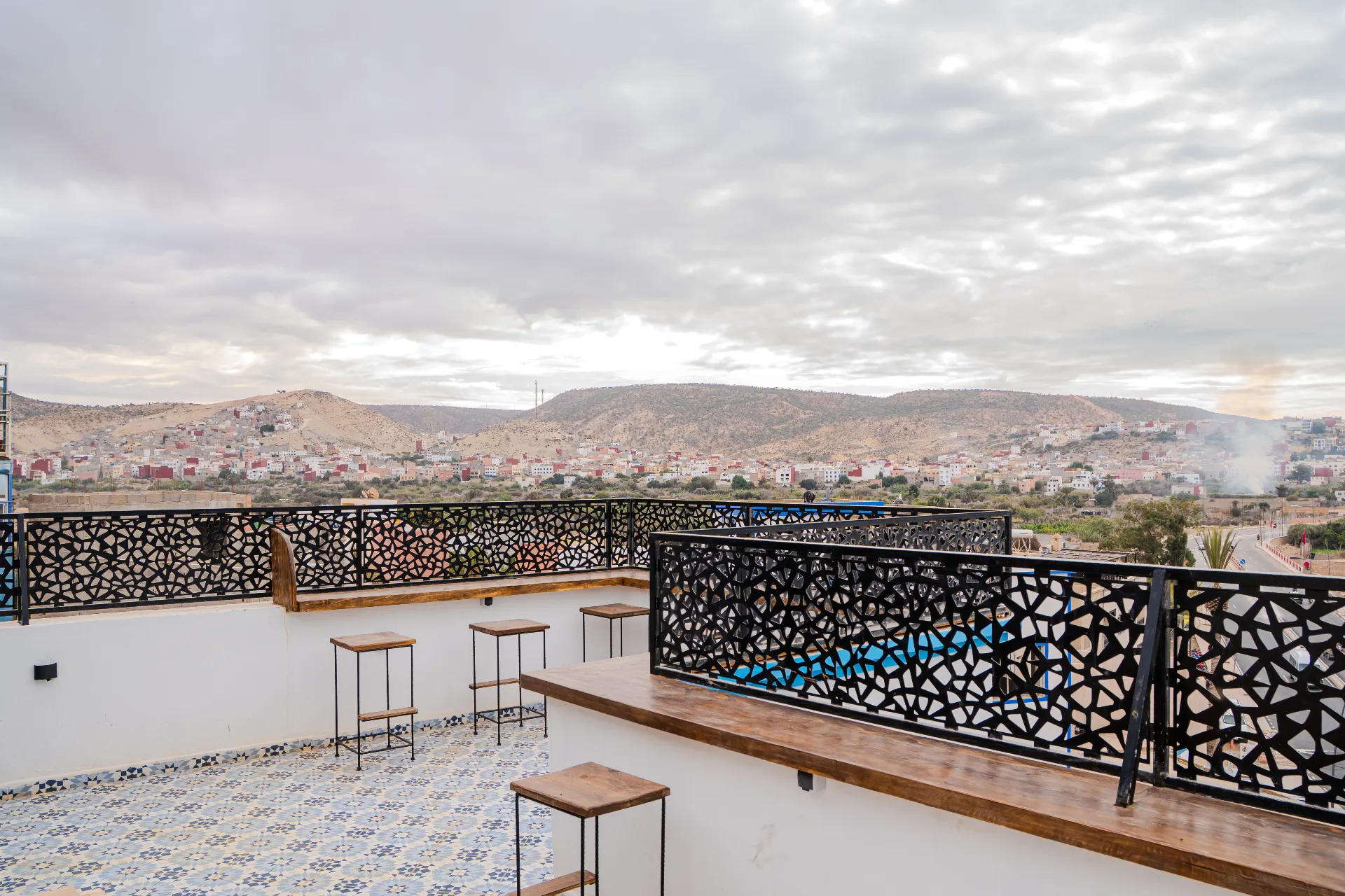 Rooftop terrace of Zenno surf camp overlooking the Atlantic Ocean