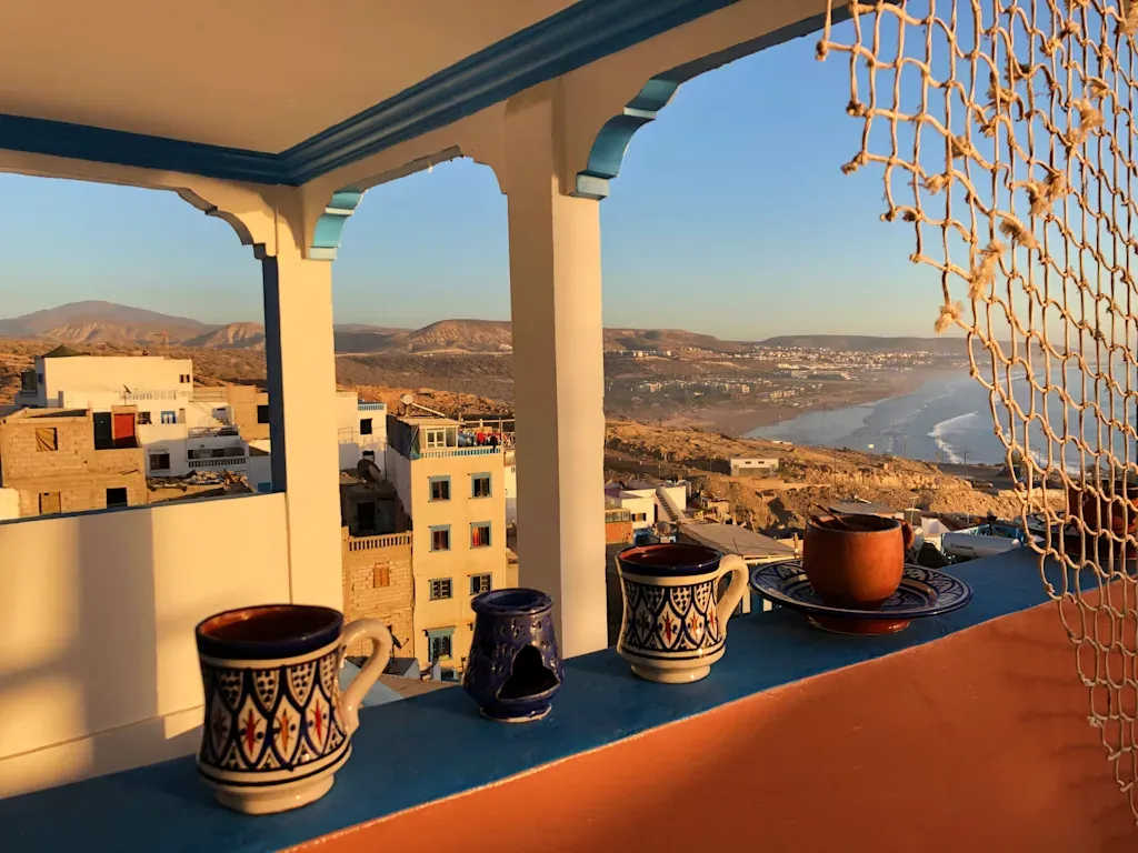 Terrace view with Moroccan pottery and ocean panorama